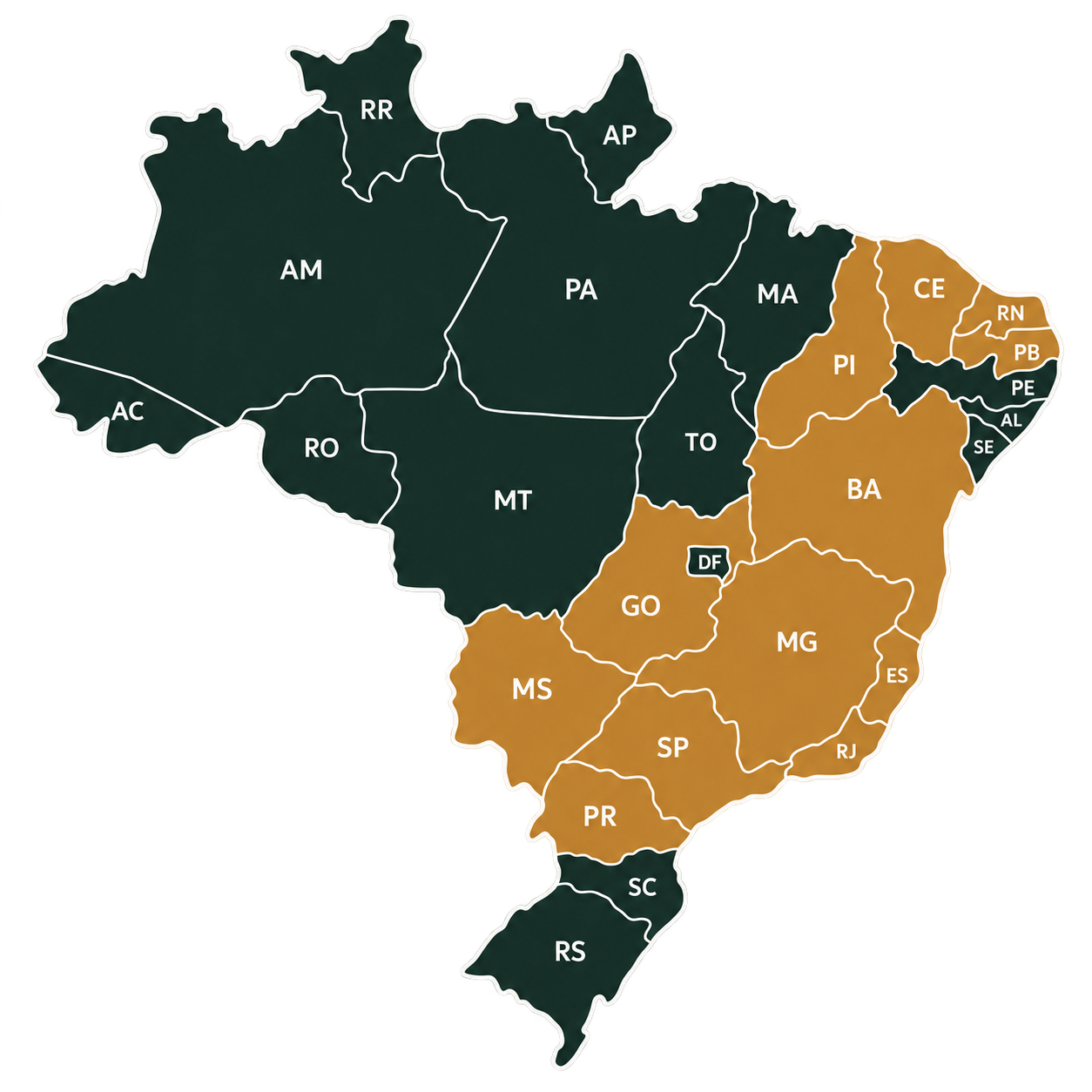 Mapa do Brasil com os estados de atuação da Terrenus destacados